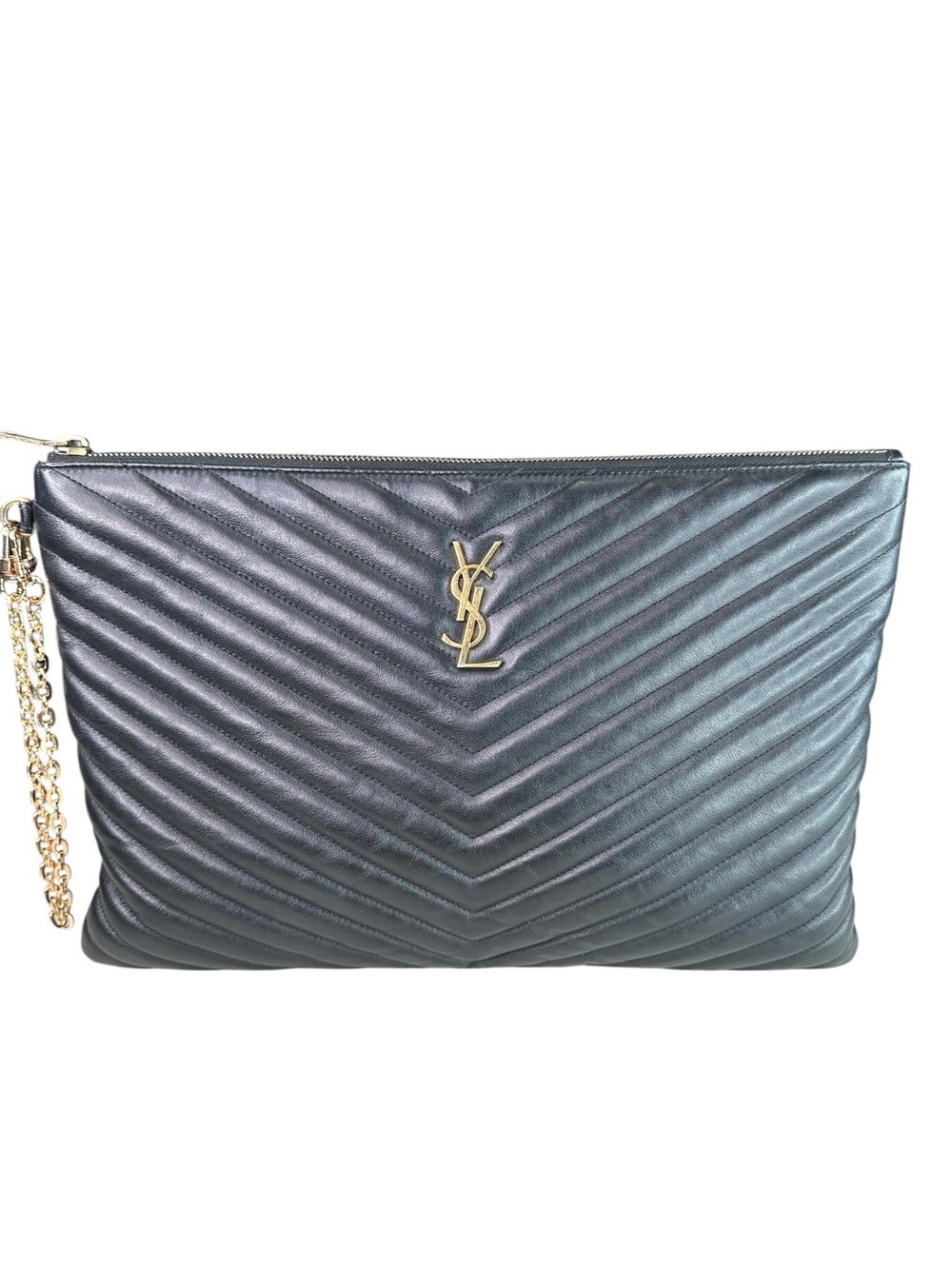 Saint Laurent Chevron Quilted Leather Wristlet in Black with Gold Logo